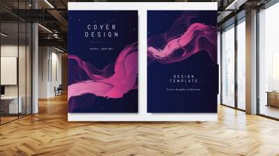 Front and back of book cover template design, abstract pink striped lines on dark blue, stars and space theme Wall mural