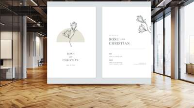 Minimal floral wedding invitation card template design, vintage magnolia line art ink drawing on white Wall mural