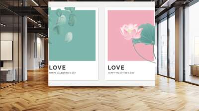 Minimalist botanical valentine greeting card template design, Pilea peperomioides plant on green and lotus on pink Wall mural