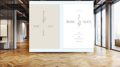 Minimalist floral wedding invitation card template design, floral line art ink drawing on bright brown and white Wall mural