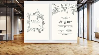 Minimalist wedding invitation card template design, floral black line art ink drawing with square frame on light grey Wall mural