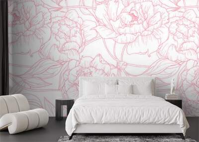 Seamless pattern, hand drawn outline pink Peony flowers on white background Wall mural