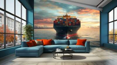 Cargo Ship at Sunset with Colorful Containers Wall mural