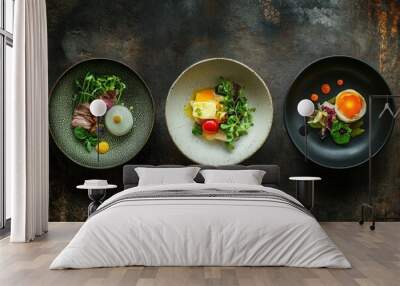 Three Plates with Gourmet Appetizers Featuring Egg, Pork, and Cheese Wall mural