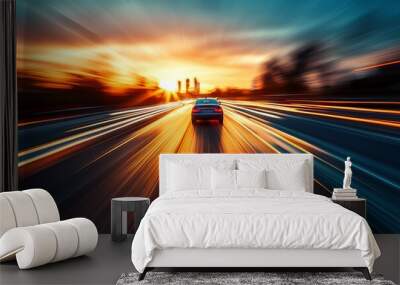 Light flow of traffic on a evening highway in a city with modern high buildings
 Wall mural