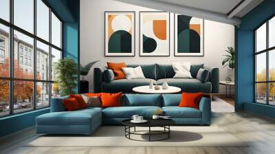 modern style living room in green and white print pattern, in the style of dark teal and dark amber, large canvas paintings, minimalist geometric forms, multi-coloured minimalism, rounded, nostalgic m Wall mural