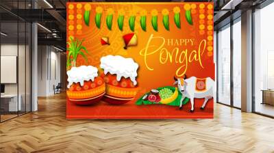 South Indian Festival Pongal Background Template Design Vector Illustration Happy Pongal Holiday Harvest Festival of Tamil Nadu  Wall mural