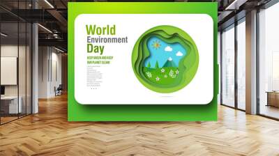 World environment day concept. 3d paper cut eco friendly design. Green earth , Renewable energy for ecology and environment conservation concept paper art design. Vector illustration.  Wall mural