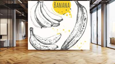 Set of hand drawn banana. Black and white sketch food.  Wall mural