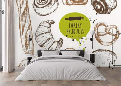 Vector illustration with sketch bakery products. Wall mural