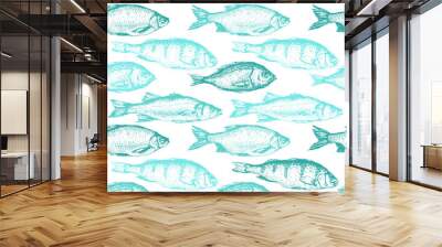 Vector illustration with sketches of fish. Hand-drawn seamless background blue color. Seafood pattern. Wall mural