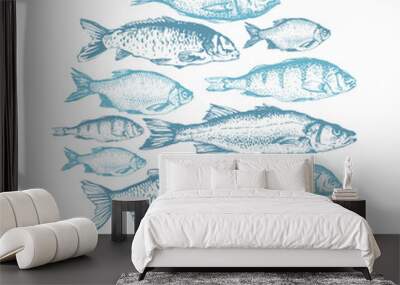 Vector illustration with sketches of fish. Round composition. Hand drawn fish. Blue design. Fish Market. Poster for seafood menu. Wall mural