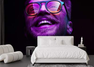 Neon portrait of smiling man model with mustaches and beard in orange sunglasses and white t-shirt Wall mural