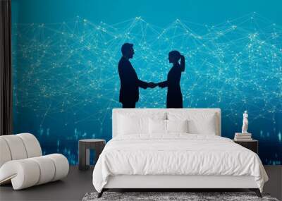 Business partnership agreement, two professionals shaking hands, interconnected in a digital landscape, vibrant blue backdrop symbolizes collaboration and innovation. Wall mural