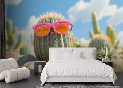 Cactus in Sunglasses, a playful depiction of a vibrant cactus donning stylish shades under the bright desert sun, exuding a lighthearted and whimsical atmosphere. Wall mural