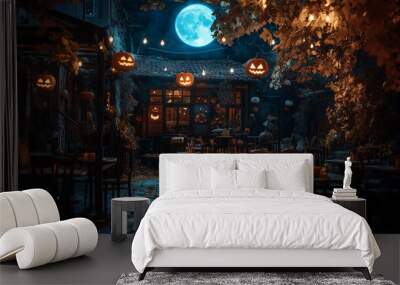 Charming Halloween Cafe, an enchanting setting with a new moon backdrop, perfect for stylish witches to enjoy their magical gatherings and create lasting memories. Wall mural