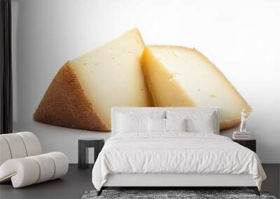 Cheese Delight, two appetizing pieces of cheese, showcasing rich textures and creamy colors, presented on a pristine white background, perfect for culinary inspiration. Wall mural