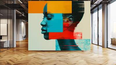 Dreamy African Art Portrait, a minimal collage showcasing vibrant colors and intricate details, set against a clean backdrop that enhances its artistic essence. Wall mural