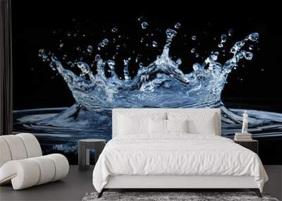 Dynamic water splash against a black backdrop, showcasing the fluid motion and intricate details of water droplets in an artistic and striking composition. Wall mural