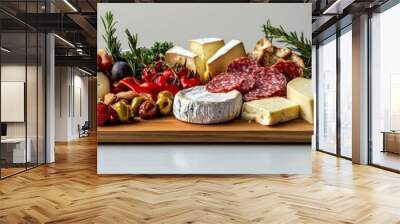 Gourmet Cheeseboard Display, an inviting arrangement of artisanal cheeses, fresh fruits, and nuts, elegantly presented on a white backdrop for a delightful sharing experience Wall mural