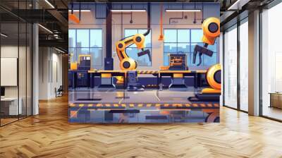 High-tech engineering hub featuring a robot assembly line, highlighting advanced automation processes and innovative technologies in modern manufacturing environments Wall mural