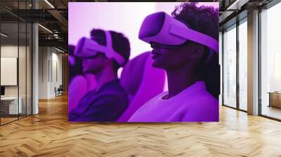 Immersive Reality Experience
A group of individuals wearing VR headsets, immersed in a virtual world. Their expressions reveal a deep engagement as they explore digital landscapes. The purple hue adds Wall mural