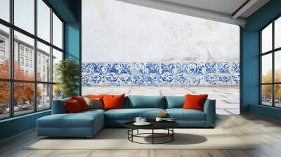 Lisbon's Azulejos Heritage, a minimalist display of intricate tile art against a clean backdrop, showcasing the elegance of Portuguese culture and history. Wall mural