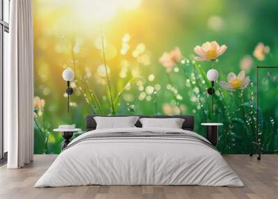 Morning tranquility, a peaceful garden adorned with blooming flowers, glistening dew drops, gentle sunlight creating a serene ambiance, perfect for relaxation and reflection. Wall mural