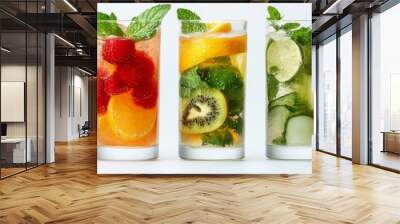 Refreshing Fruit-Infused Beverages, vibrant assortment of colorful drinks featuring fresh fruits, set against a clean white backdrop, highlighting their freshness and appeal. Wall mural