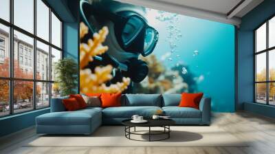 Scuba Diver Amidst Coral Reefs, diver exhaling bubbles, vibrant coral formations surrounding, serene underwater ambiance, minimalist scene showcasing marine tranquility and beauty Wall mural