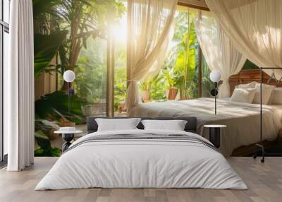 Tropical Sanctuary Bedroom, inviting retreat with a canopy bed, crisp white linens, expansive windows showcasing vibrant greenery and swaying palm trees, serene ambiance Wall mural