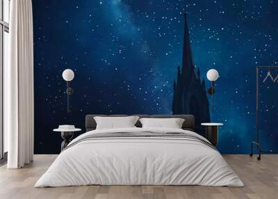 Twilight Church Spire, a serene scene featuring a church spire ascending into a deep blue sky, with shimmering stars emerging in the evening atmosphere Wall mural