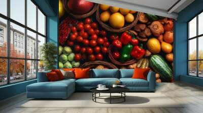 Vibrant Farmer's Market Stall, overhead view showcasing a colorful array of fresh fruits and vegetables, highlighting their rich textures and vivid colors in a bustling marketplace. Wall mural