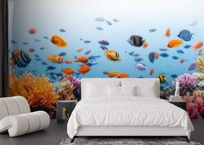 Vibrant Fish in Coral Reef, a full-body view of diverse fish gracefully swimming among bright coral formations, set against a clean, simple white backdrop, showcasing marine beauty. Wall mural