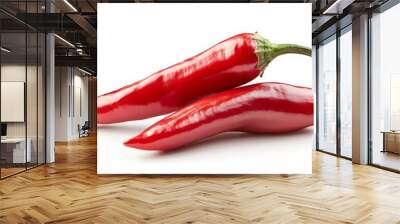 Vibrant Red Chili Peppers, two bright red chili peppers positioned against a clean white backdrop, showcasing their glossy texture and bold color, perfect for culinary illustrations Wall mural