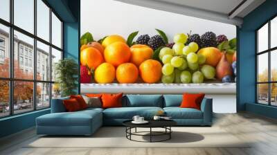 Vibrant Summer Fruit Platter, a colorful assortment of fresh fruits artfully arranged on a clean white background, evoking a refreshing and inviting seasonal atmosphere. Wall mural