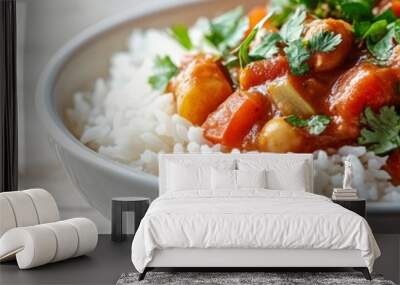 Vibrant Vegetable Curry with Rice, a colorful and appetizing dish featuring a medley of fresh vegetables, aromatic spices, and fluffy rice on a clean white backdrop. Wall mural