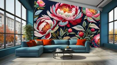 Peony Flowers on Embroidery Art  Wall mural