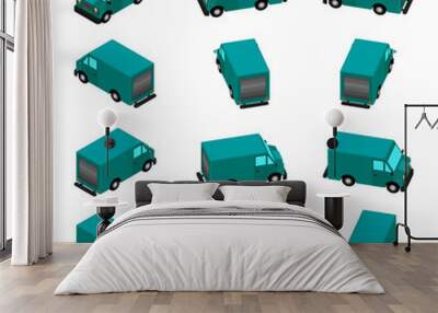 Animation of the rotation of the car in isometric view. Delivery van with different viewing angles. Wall mural