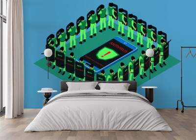 The smartphone is protected by antivirus. Around the smartphone are people in uniform and protect against viruses, in isometric.  Wall mural