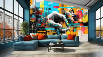 a colorful abstract painting of a hand pointing at a woman's face. the painting is full of bright co Wall mural