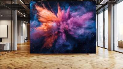 A colorful explosion of powdery dust with a blue and orange swirl. The colors are vibrant and the dust is scattered all over the image Wall mural