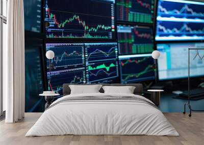 A stock trader's world: Multiple screens display real-time economic news, market trends, and currency rates, emphasizing the critical analysis and concentration required in trading. Wall mural