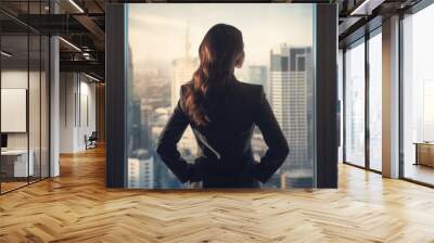 A thoughtful businesswoman stands in a modern office, gazing at the downtown skyline, offering ample space for text. Captures ambition and urban professional life. Wall mural