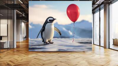 Adorable illustration featuring a cute penguin holding a heart balloon. Perfect for conveying joy and celebrating love in a whimsical and heartwarming style. Wall mural