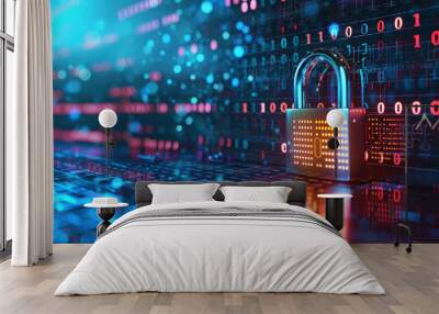 An image of a sizable padlock its body adorned with binary code signifying digital security placed in front of a backdrop filled with cascading binary code indicative of big data Wall mural