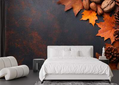 Autumn Nature Border, vibrant fall leaves, acorns, pine cones, rustic dark banner, overhead view, inviting seasonal ambiance, perfect for autumn themes Wall mural