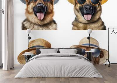 Capture the essence of summer with this chic dog wearing sunglasses and a straw hat, perfectly posed on a transparent background. PNG Wall mural