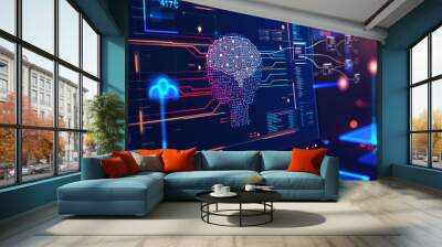 Capturing the future of tech, this image highlights an AI development process with predictive analytics and visual data insights. Wall mural