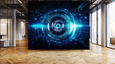 Closeup human eye banner with ample copy space. Highlighting Lasik vision correction and cyber elements for biometric data security. A compelling image for your tech and security projects. Wall mural